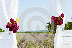 Landscape with lavender field seen through open door