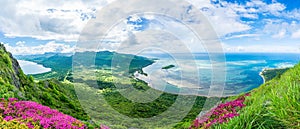 Landscape with Le Morne beach and mountain at Mauritius island