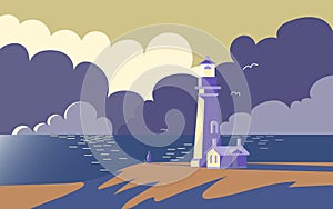 Landscape with lighthouse, vector illustration. Sunset at sea after storm.