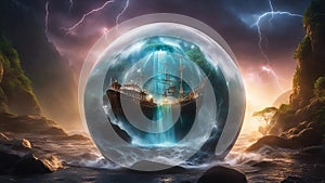 landscape with lightning During a heavy storm with rain a fishing boat near waterfall inside a crystal ball