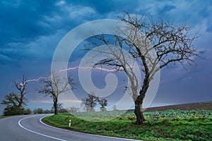 Landscape with lightning, tree, field, road. Picturesque