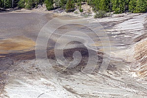 Landscape like a planet Mars surface. Solidified red-brown black Earth surface. Cracked and scorched land. Refractory clay