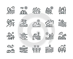 Landscape line icons. Nature park mountain hill forest trees and countryside garden, industrial megapolis cityscape