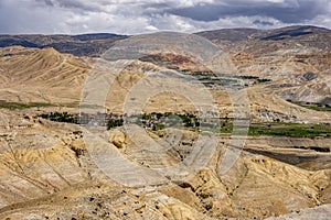 Landscape of the Lo Manthang with rocky mountains