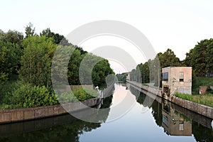 Landscape of lock on Oka river at sunset