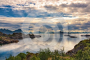 Landscape at the Lofoten islands with dramatic sky, Norway