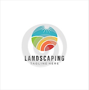 Landscape logo for lawn or gardening business . Sunset or Sunrise Illustration on the Field Logo Vector