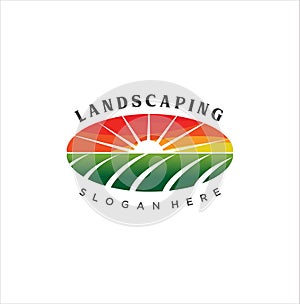Landscape logo for lawn or gardening business . Sunset or Sunrise Illustration on the Field Logo Vector