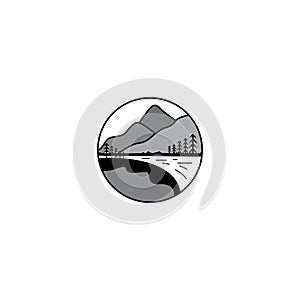 landscape logo line circle river mountain illustration design vector