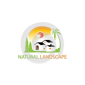 Landscape logo mini illustration of house and tree design nature colorful vector