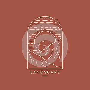 Landscape logo with mountains and sun. Vector line emblem