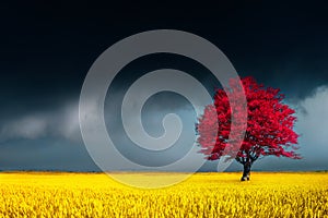 landscape of lonely tree in autumn on wheat field against stormy clouds