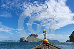 Landscape with longtail boat on andaman sea in summer vacation, Krabi Thailand