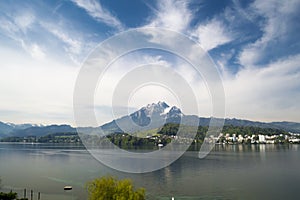 Landscape of Lucerne lake and shore, and Mount Pilatus in Switzerland