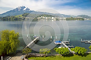 Landscape of Lucerne lake and shore, and Mount Pilatus in Switzerland