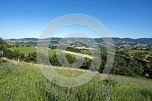 Landscape of the Lyonnais mountains around the village of Saint-Julien-sur-Bibost in summer in France