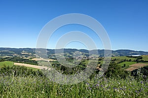 Landscape of the Lyonnais mountains around the village of Saint-Julien-sur-Bibost in summer in France