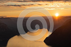 Landscape of the Lysefjorden under the sunlight during a beautiful sunset in Norw