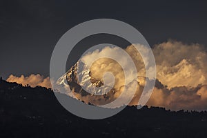 Landscape with Machapuchare-Fishtail peak during trekking in Himalaya Mountains, Nepal photo