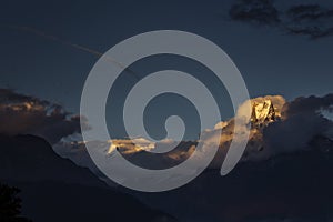 Landscape with Machapuchare-Fishtail peak view from Tadapani during trekking in Himalaya Mountains, Nepal photo