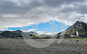 Landscape of Maelifellsandur volcanic black sand desert with Myrdalsjokull glacier and blue sky, summer in Highlands of Iceland
