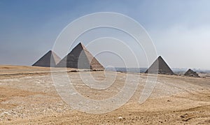 Landscape of the main Pyramids in Giza plateau. Pyramids of Cheops, Chephren and Mycerinus. Egypt