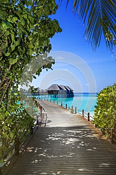 Landscape on Maldives island, luxury water villas resort and wooden pier. Beautiful sky and ocean and beach with palms background