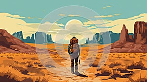 man trek journey hike desert walking adventure travel landscape barren backpack. Generative AI.