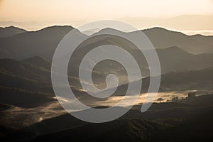 Landscape of Mantiqueira Mountains from Itaguare Peak during the sunrise in Brazil
