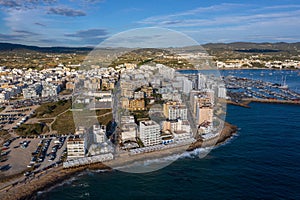 Landscape in marina bay, sea, buildings in city.