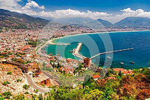 Landscape with marina and Kizil Kule tower in Alanya peninsula, Antalya district, Turkey, Asia. Famous tourist destination with