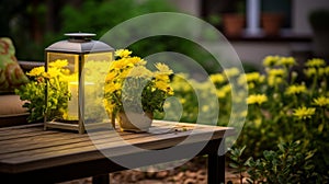 Landscape Mastery: Solarizing Lantern Illuminates Table With Yellow Flowers
