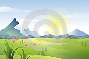 Landscape of meadow and mountains, sunrise scenery in summer day vector illustration.