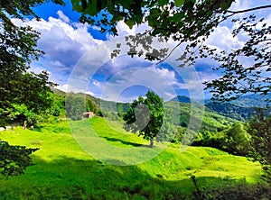 Landscape with meadows near Frieru track, Redes Natural Park and Biosphere Reserve, Caso municipality, Asturias, Spain photo