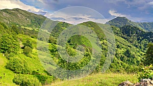 Landscape with meadows near Frieru track, Redes Nature Park and Biosphere Reserve, Caso municipality, Asturias, Spain photo