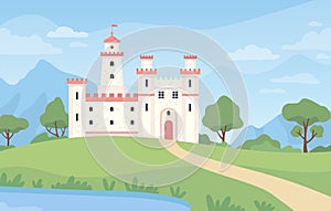 Landscape with medieval castle. Cartoon fantasy royal palace with towers. Old kingdom building, green meadow, pond and