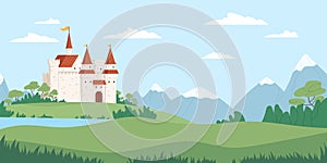 Landscape with medieval castle vector flat illustration. Fairytale fortress near river, mountains and fields. Beautiful