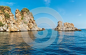 Landscape of Mediterranean sea with Faraglioni of Scopello at Zingaro Nature Reserve, Sicily