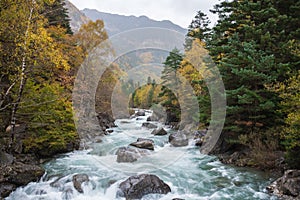 Landscape with mighty river in the Bujaruelo valley, in Autumn, in Ordesa,