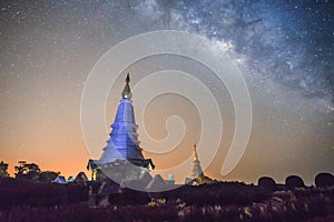 Landscape of Milky Way on Doi Inthanon mountain, Chiang Mai,Thailand. Long exposure with grain and Soft focus