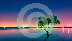 Landscape with Milky way galaxy. Night sky with stars and silhouette mangrove tree in sea. Long exposure photograph