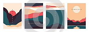 Landscape minimal poster. Abstract geometric banners with mountains lakes and waves. Vector travel and adventure flyers