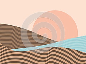 Landscape in a minimalist style, line art. Coast, seascape. Boho decor for prints, posters and interior design. Mid Century modern