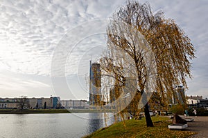 Landscape of Minsk city in Belarus with Svislach  River and Island of Tears.