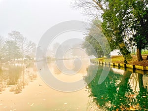 Landscape of a misty lake