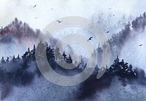 Landscape with misty winter forest, mountains and a flock of birds. Watercolor illustration. Oriental painting
