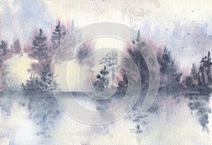 Landscape with misty winter forest, river and mountains. Watercolor illustration. Oriental painting
