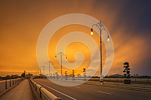 Landscape of modern bridge at sunrise, Putrajaya