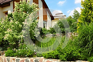 Landscape with modern house and  garden on sunny day