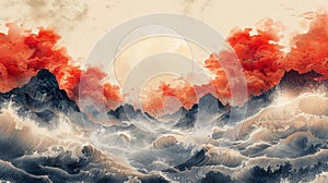 Landscape modern illustration with Japanese wave pattern. Oriental landscape with Chinese wave and cloud pattern...